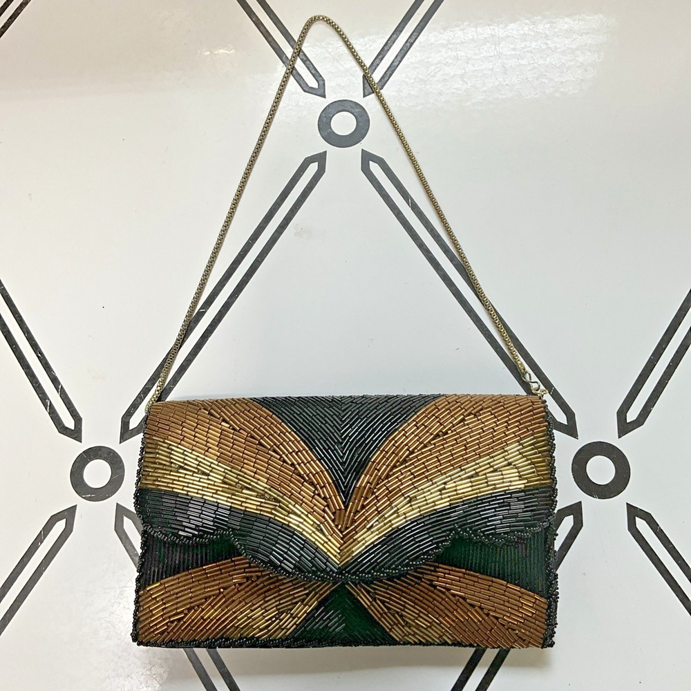 Regale LTD Vintage Beaded Evening Clutch Bag Gold Bronze Black Geometric Fan